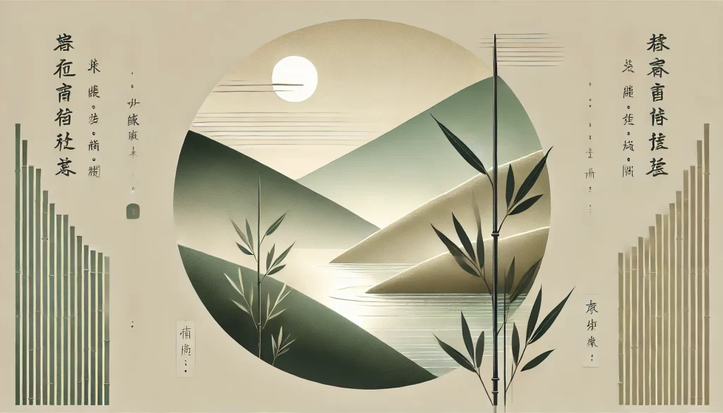 A serene and minimalist banner inspired by Taoist philosophy. The image features a calm natural scene with a flowing river under soft sunlight, surrou